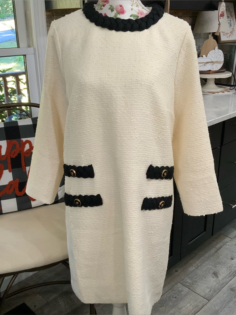 Tuckernuck Dress Cream Black Tweed Jackie Shift Luxury Braid Detail Long Sleeve